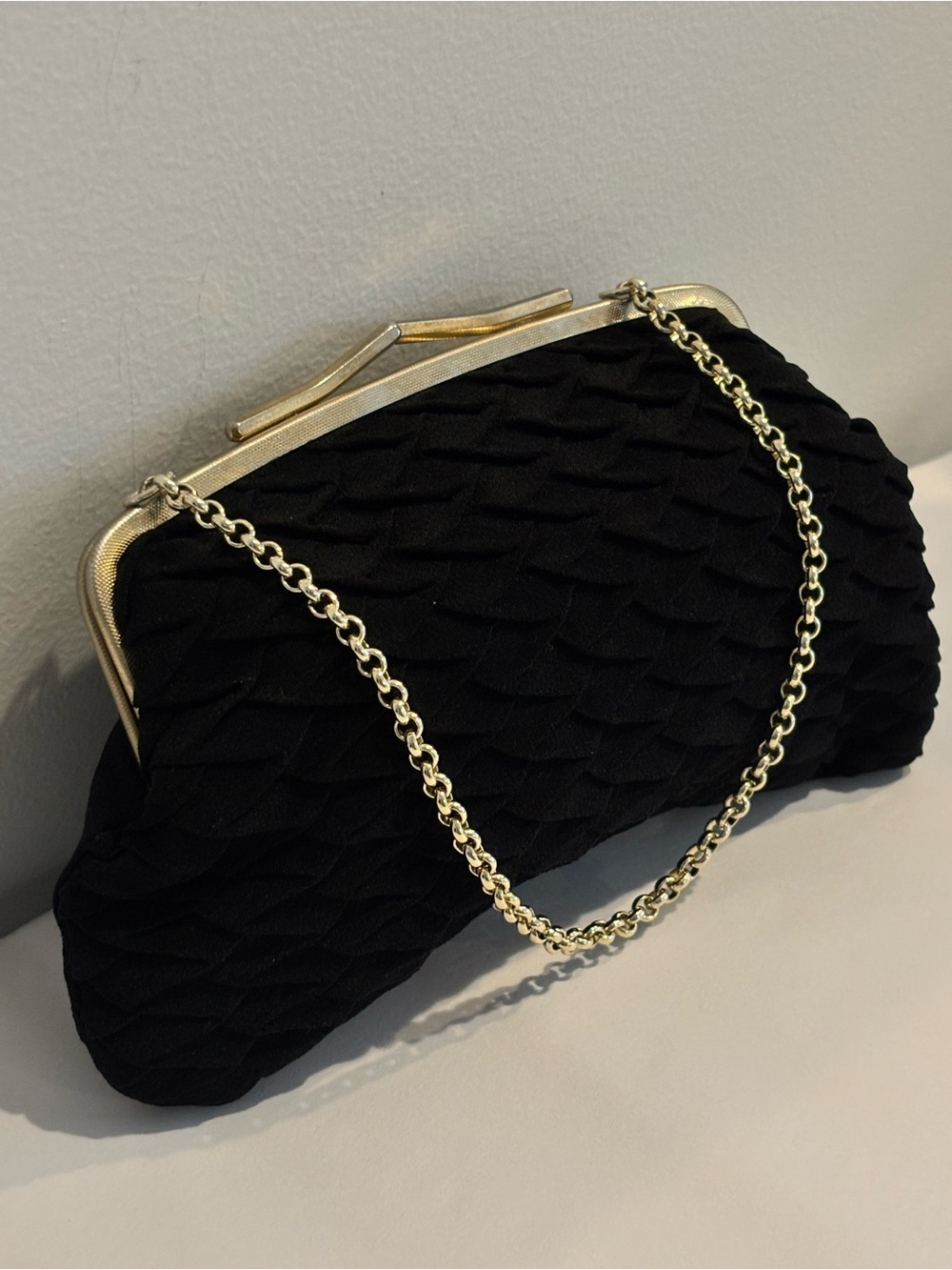 Vintage RFC black pleated fabric evening clutch metal hinged opening England